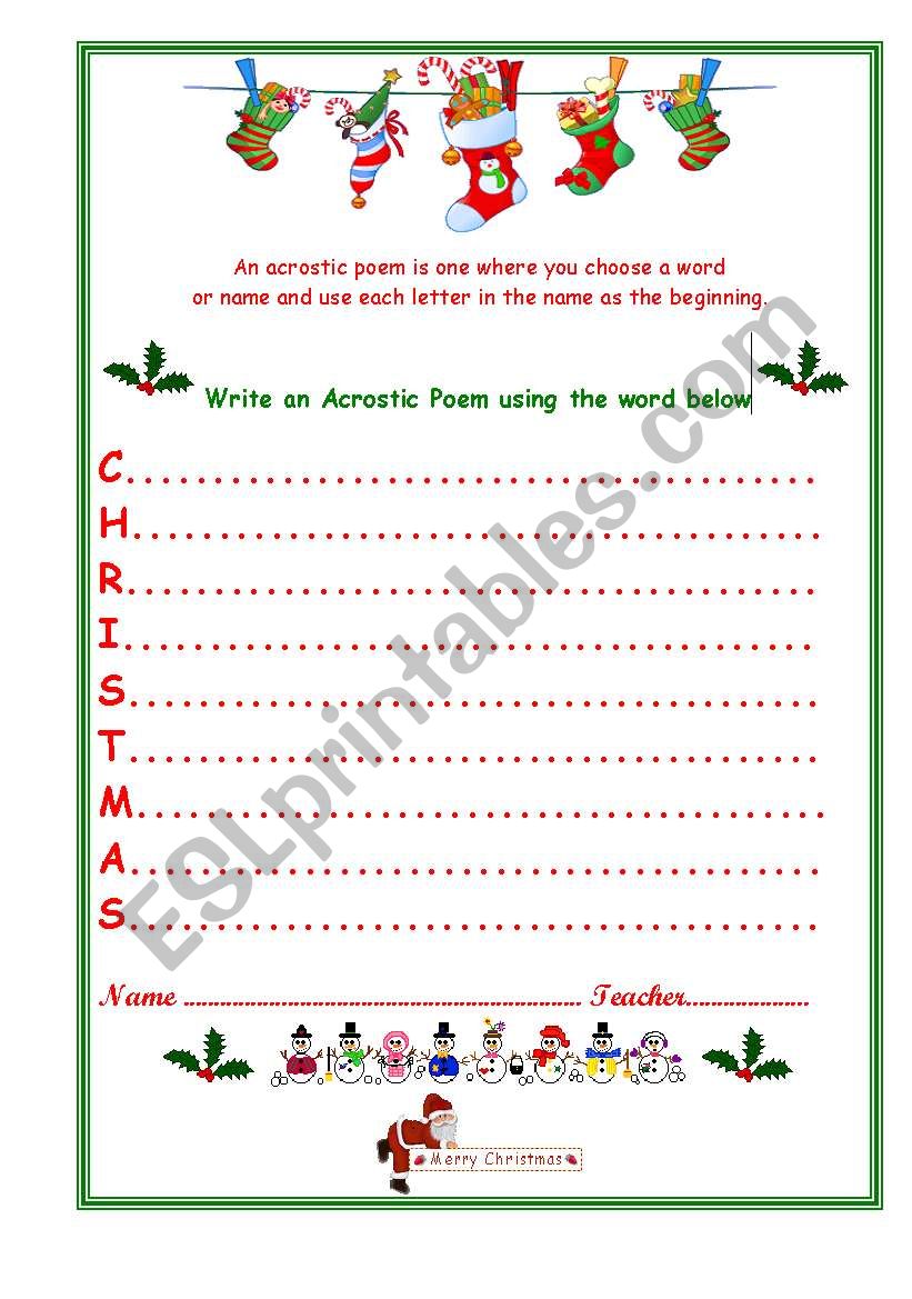 Christmas Acrostic ESL Worksheet By Venezababi Christmas Acrostic ESL Worksheet By Venezababi