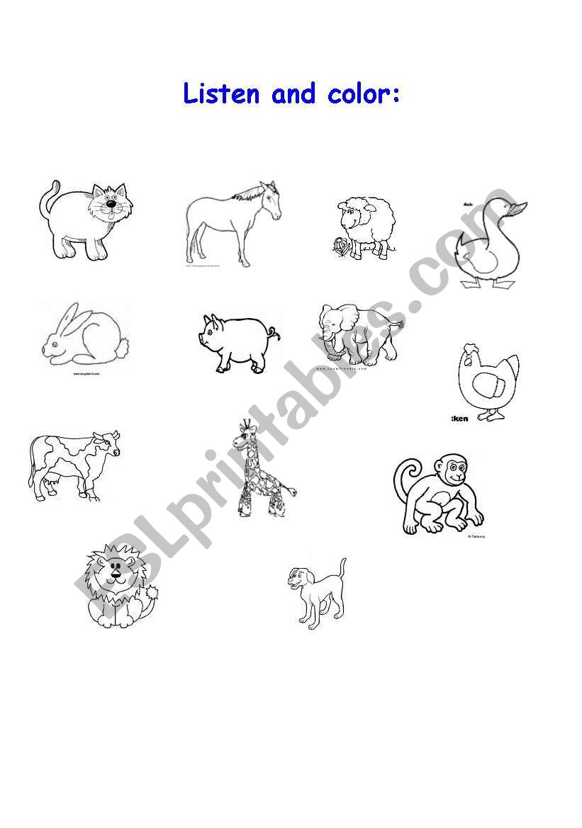Listen and color the animals worksheet