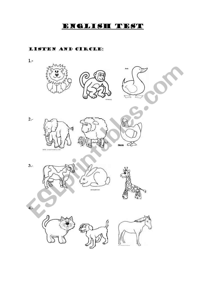 Animals test for preschool, a listening test.