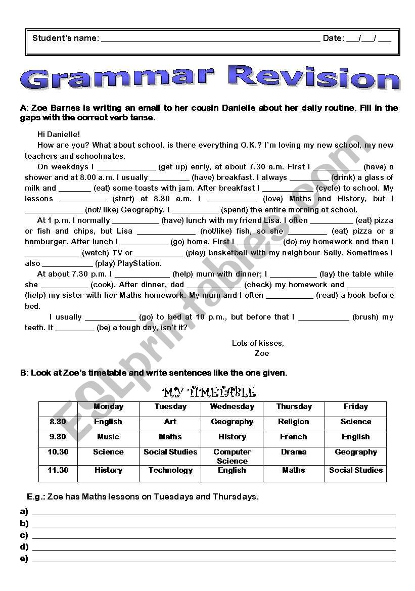 Grammar Revision worksheet