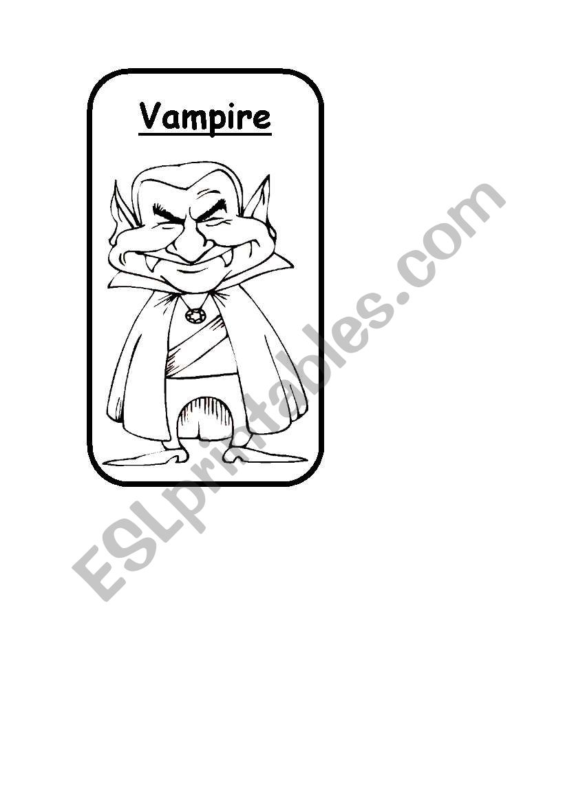 Vampire, Bat, Dragon B&W Halloween Flashcard 