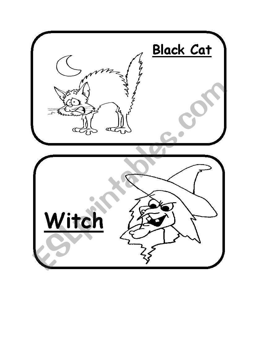 Black Cat, Witch, Jack oLantern, Monster B&W Halloween Flashcard