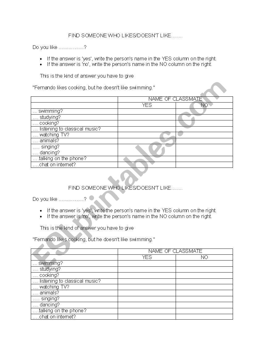 Likes and dislikes worksheet