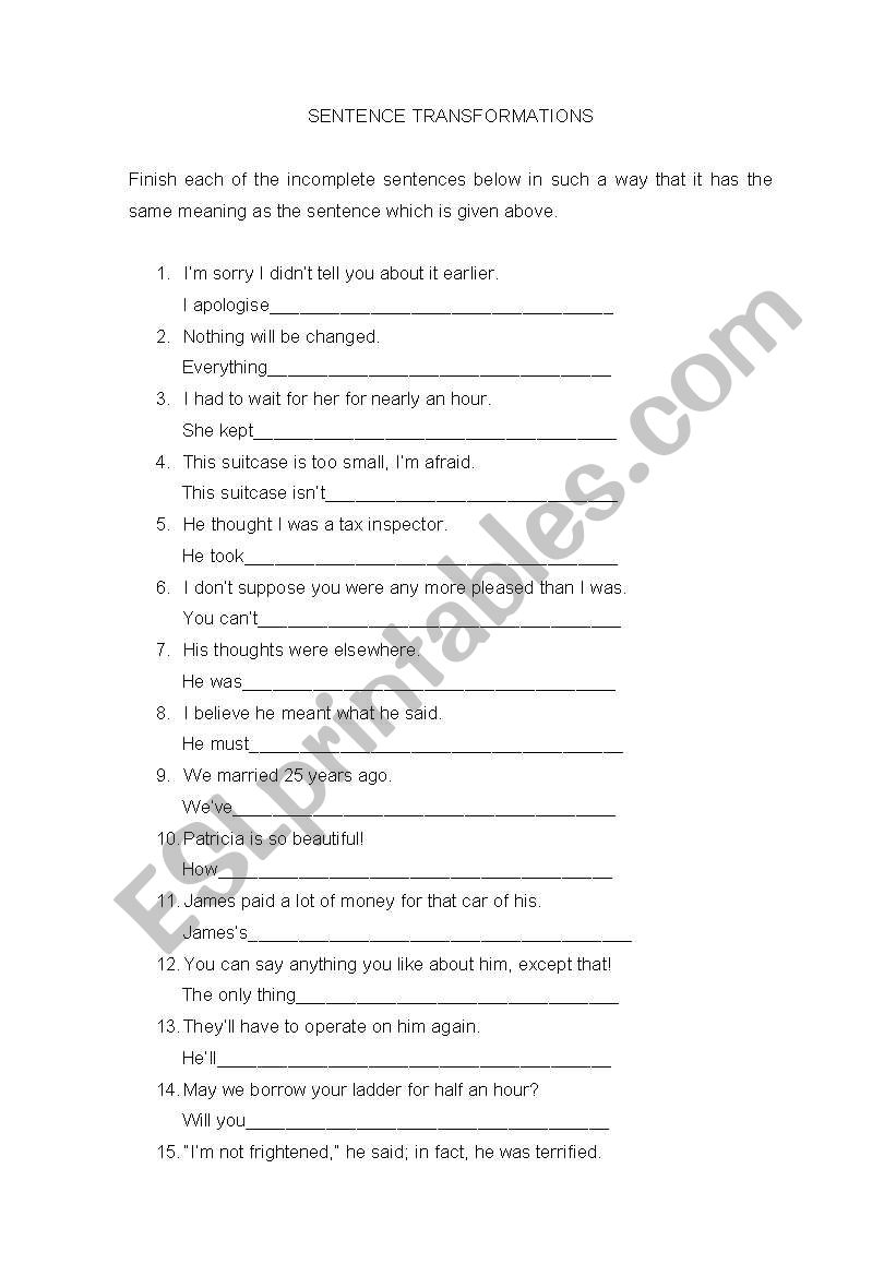 sentence transformations worksheet