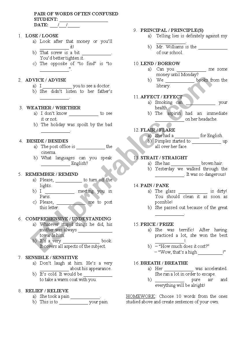 Words often confused worksheet