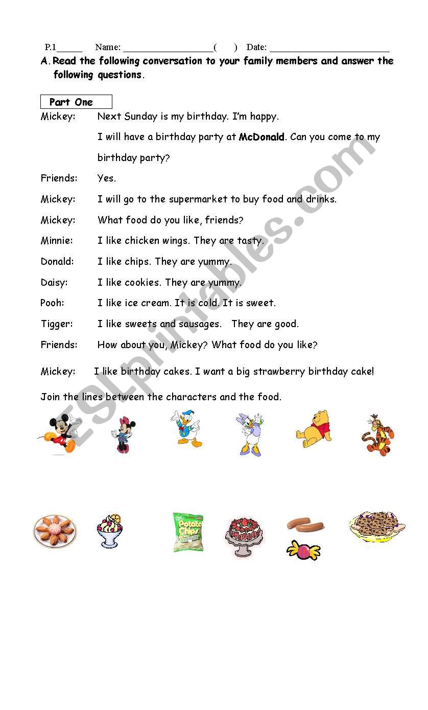Food for the party worksheet