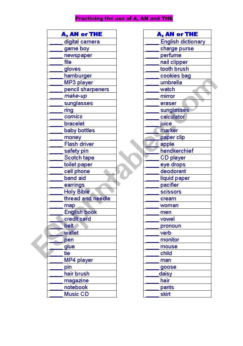 The use of A, AN and THE worksheet