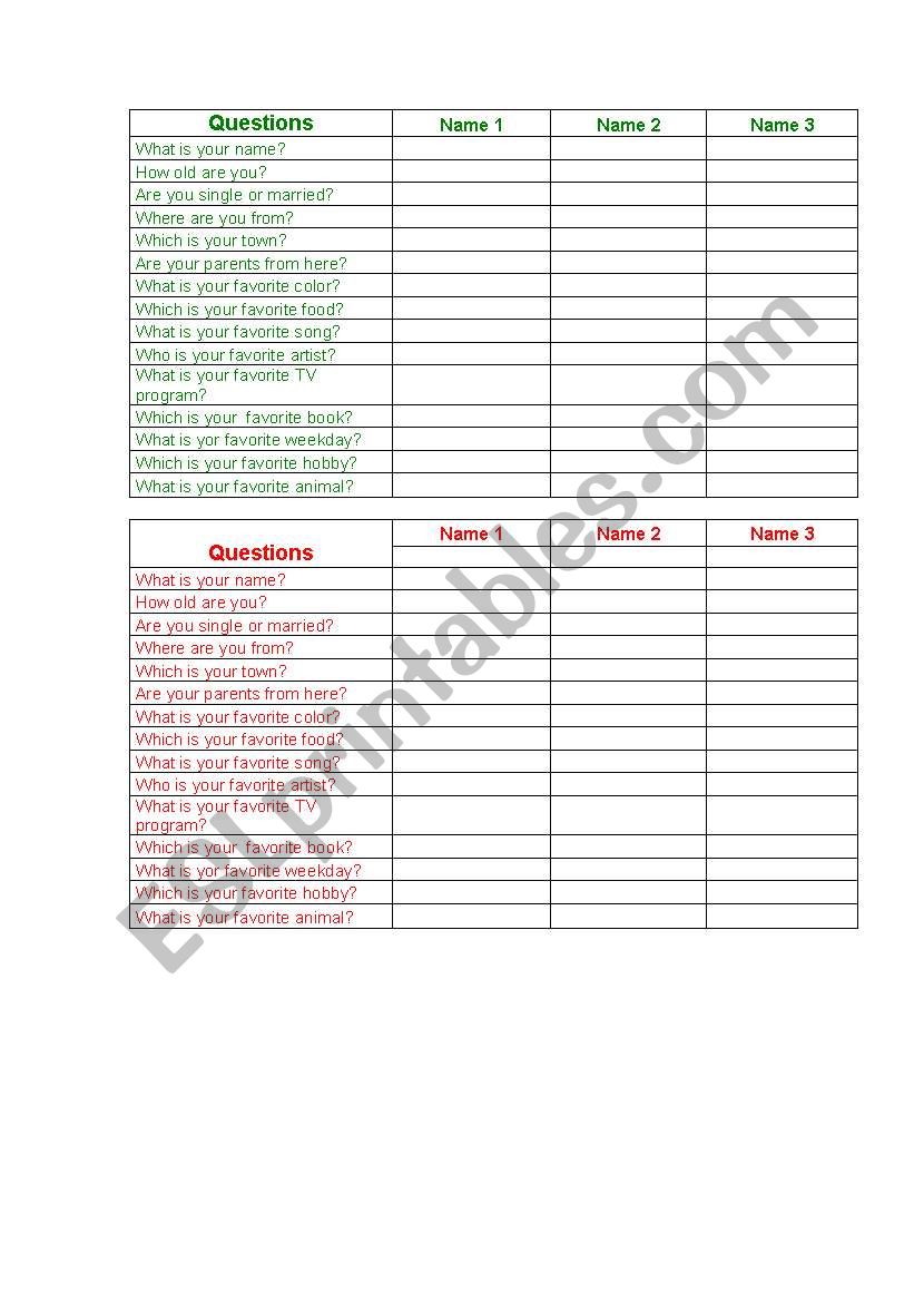 Knowing each other worksheet