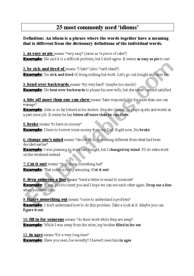25 most commonly used idioms worksheet