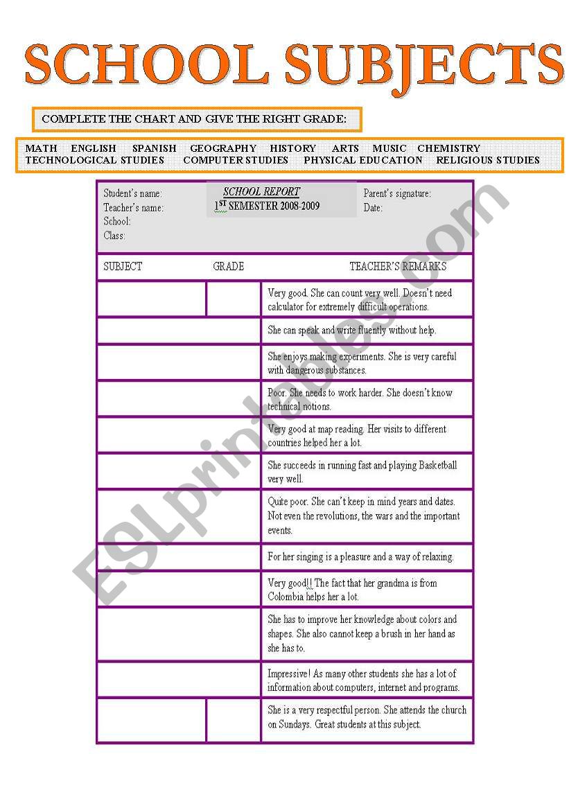 SCHOOL SUBJECTS worksheet