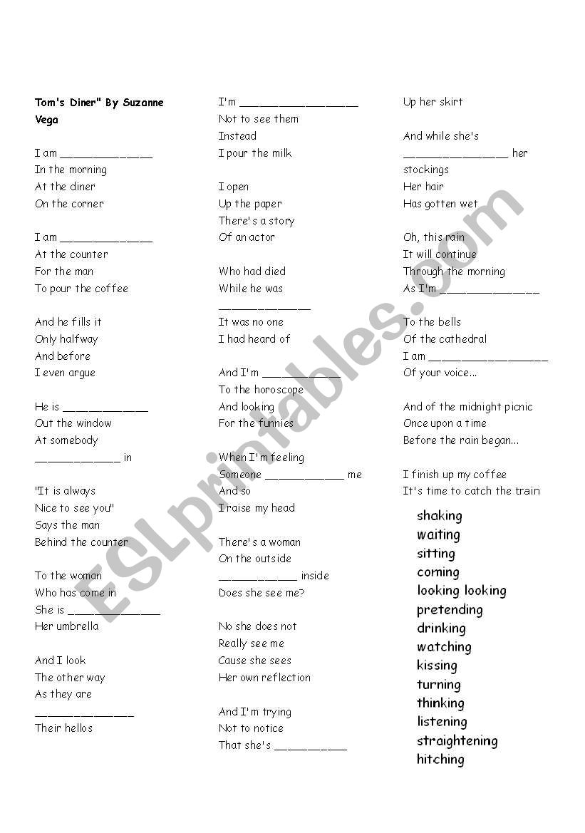 SONG Toms Diner worksheet