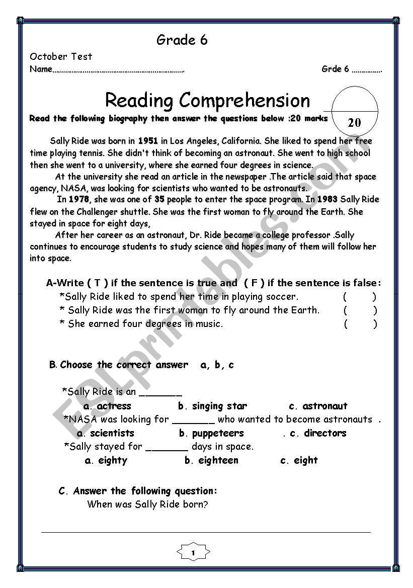 grade six exam worksheet