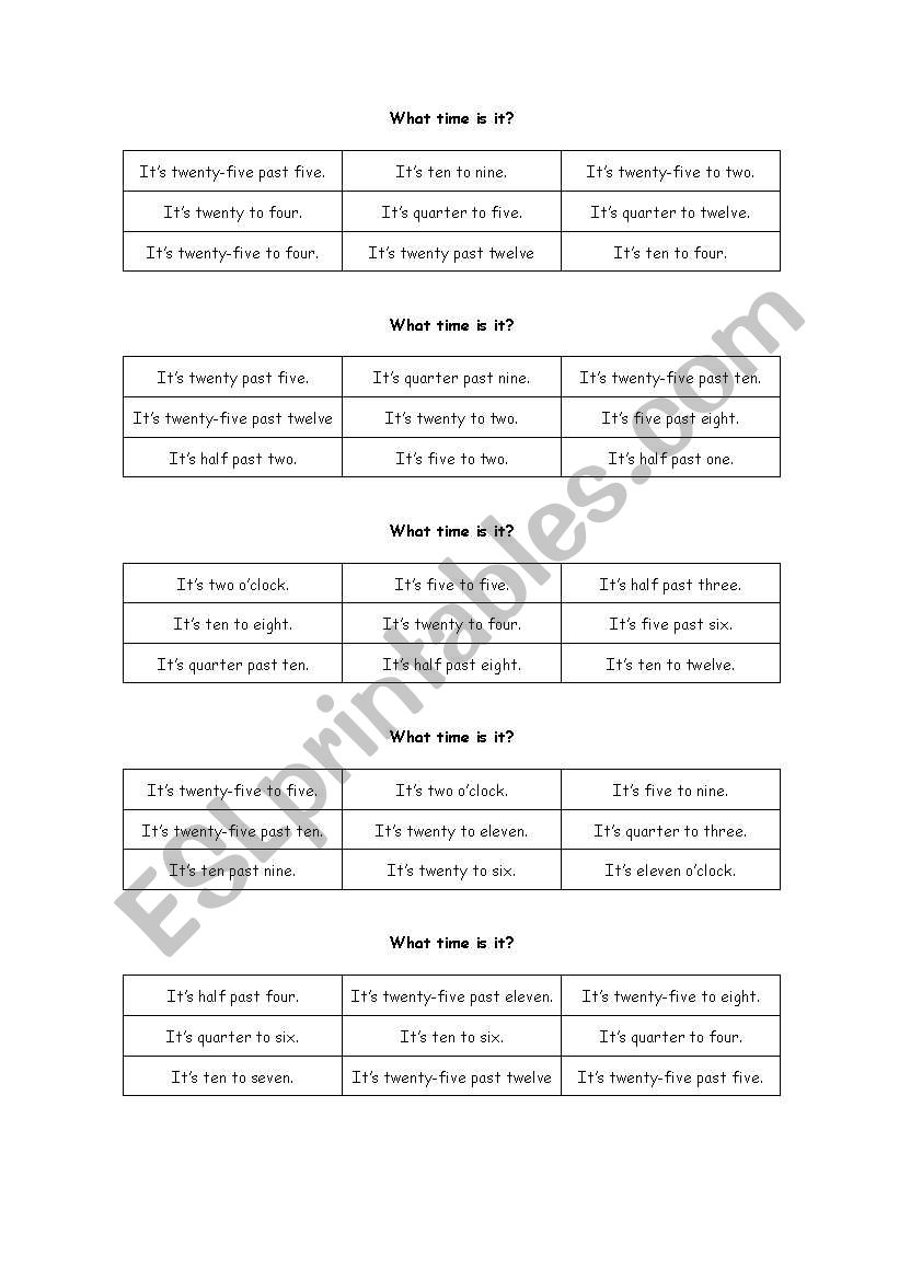 What time is it? - Bingo worksheet