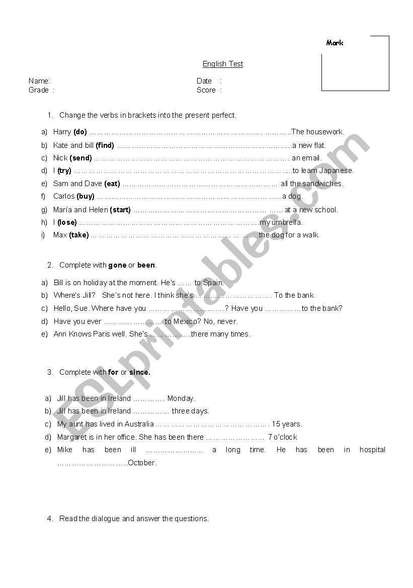 Present perfect test worksheet