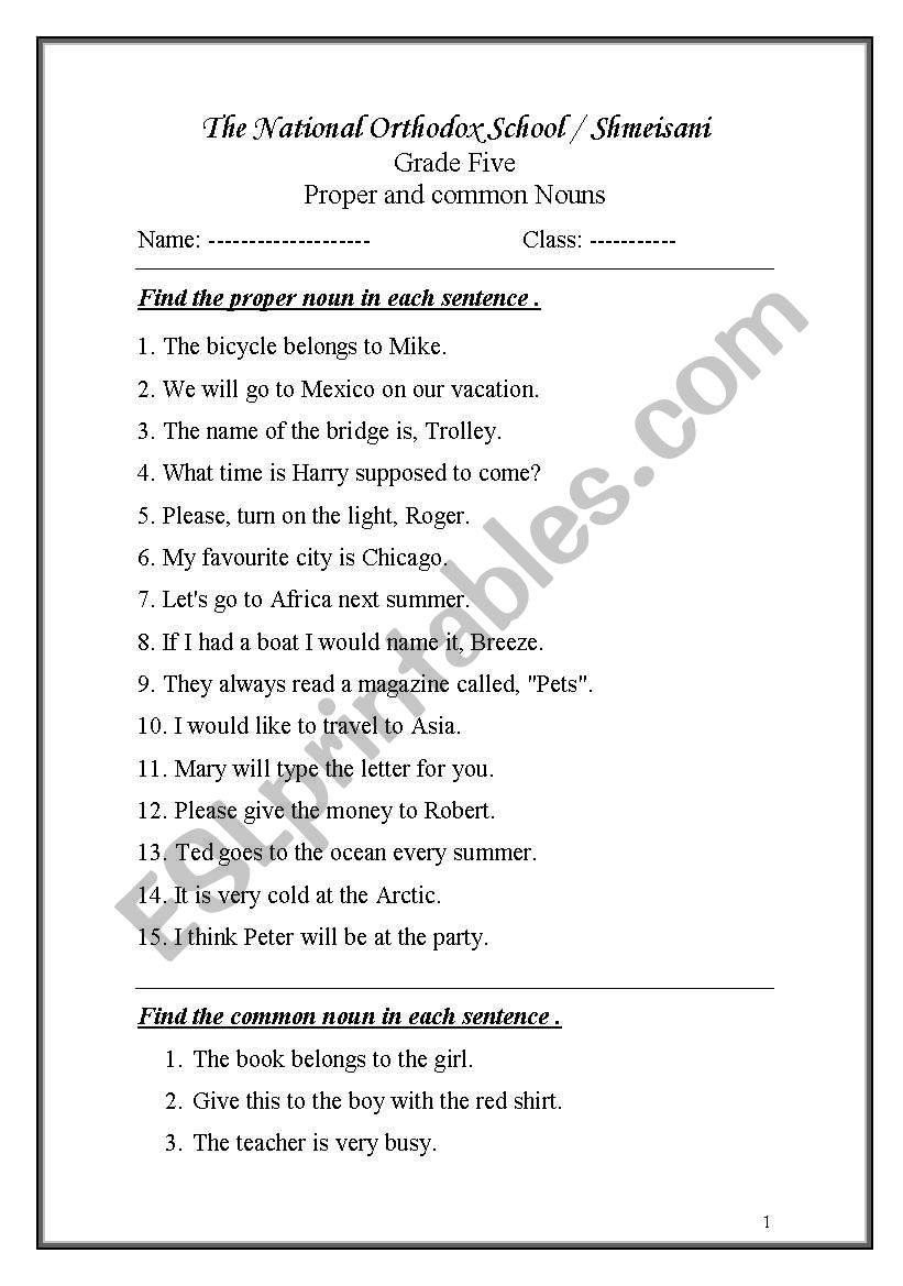 proper and common nouns worksheet