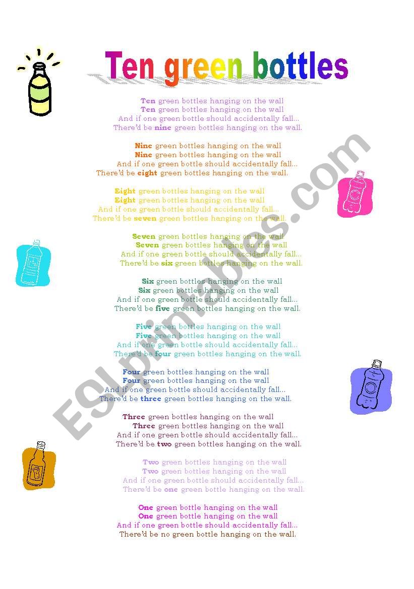 ten green bottles worksheet