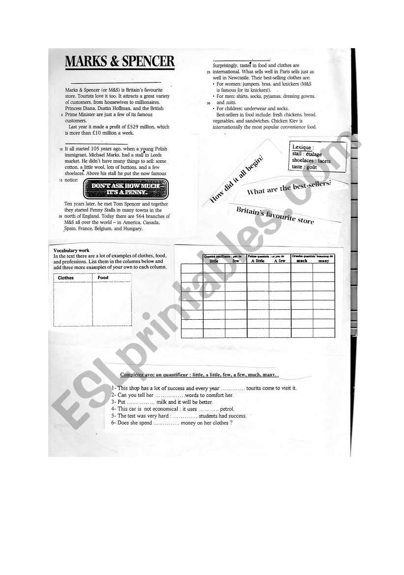 Marks and Spencer worksheet