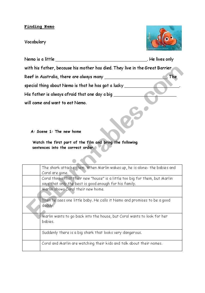 Finding Nemo woksheet Video worksheet