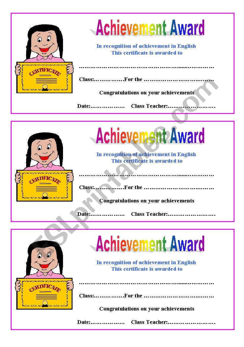 Achievement Award worksheet