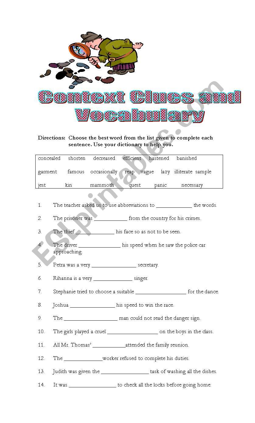 Context Clues and Vocabulary worksheet