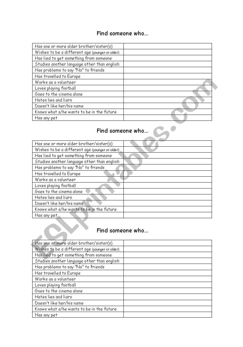 find someone who - warmer worksheet