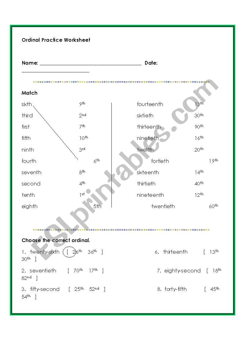 Ordinal number Practice worksheet