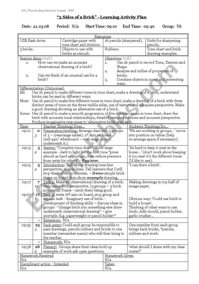 3 sides of a brick lesson plan