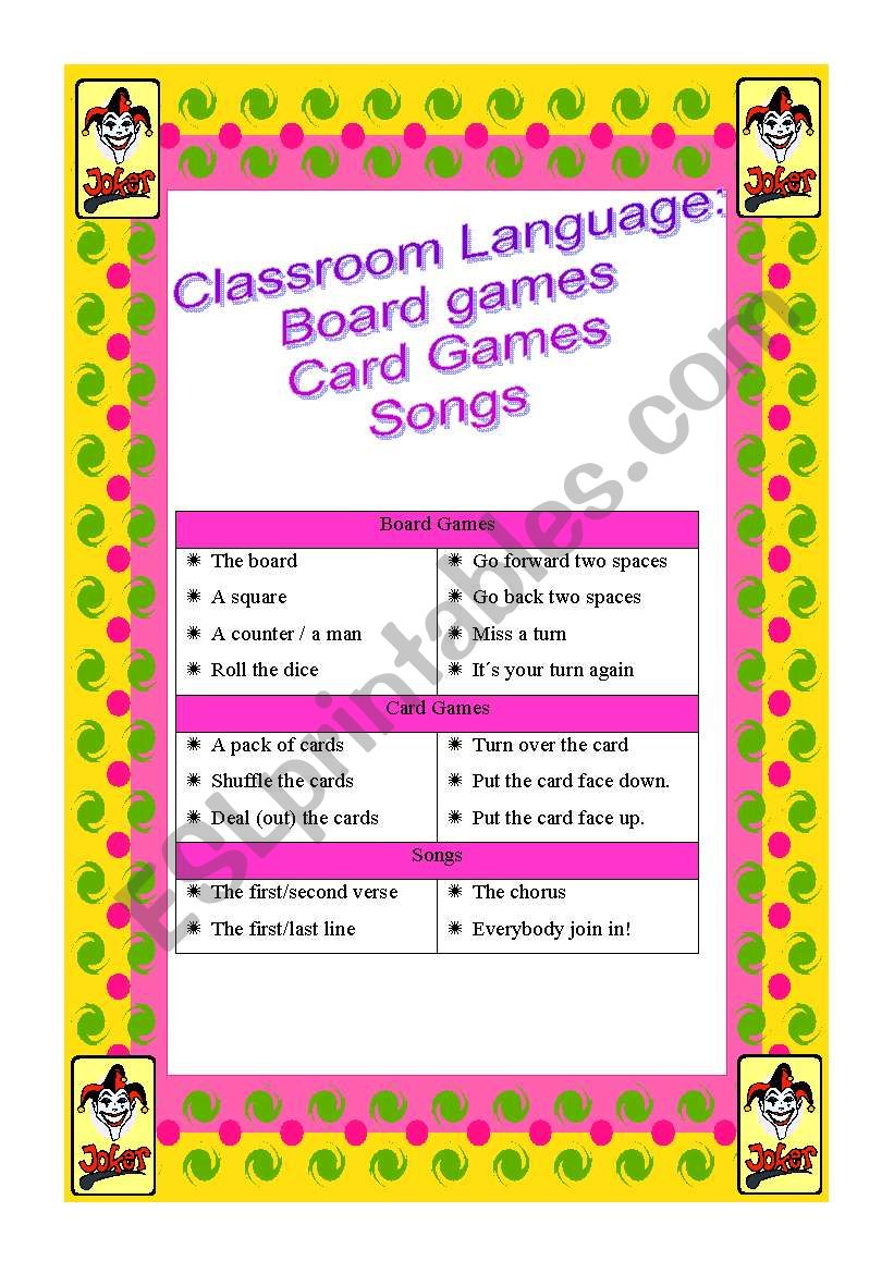 Classroom language - board and card games - songs