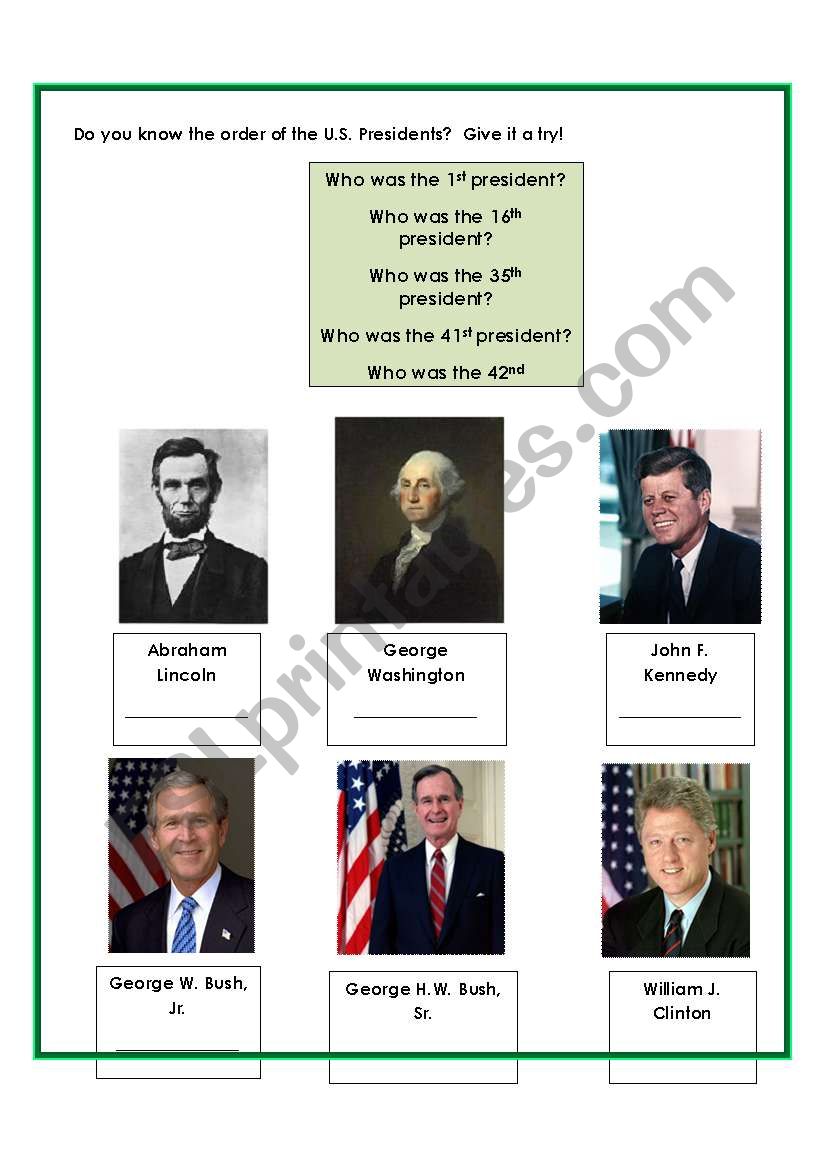 American Presidents and Ordinal Number Practice