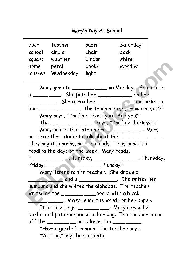 Marys Day at School worksheet