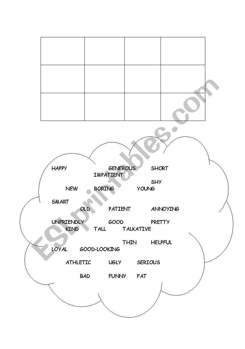 Adjective Bingo worksheet