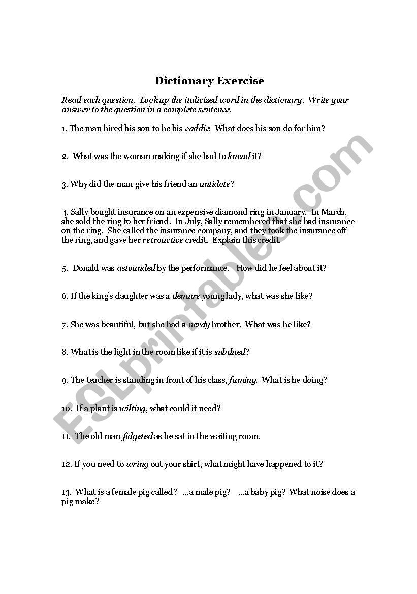 dictionary exercise worksheet