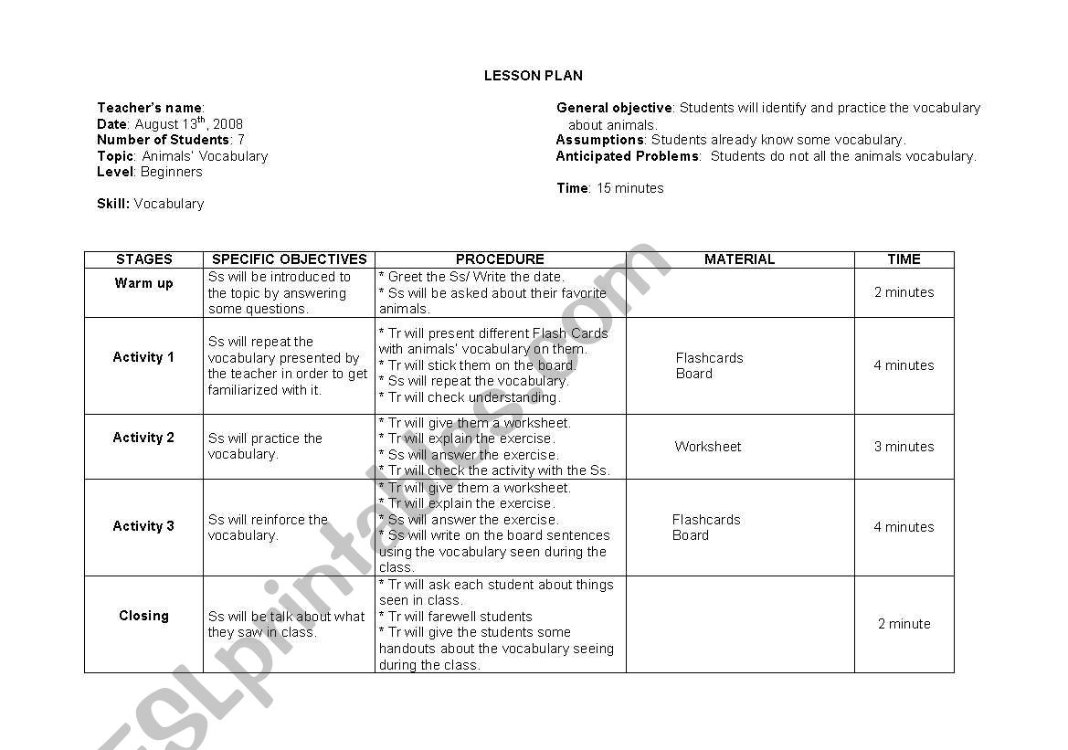 Lesson Plan (animals) worksheet