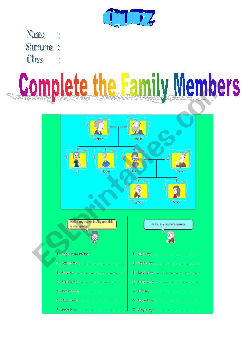 Family Members Quiz worksheet