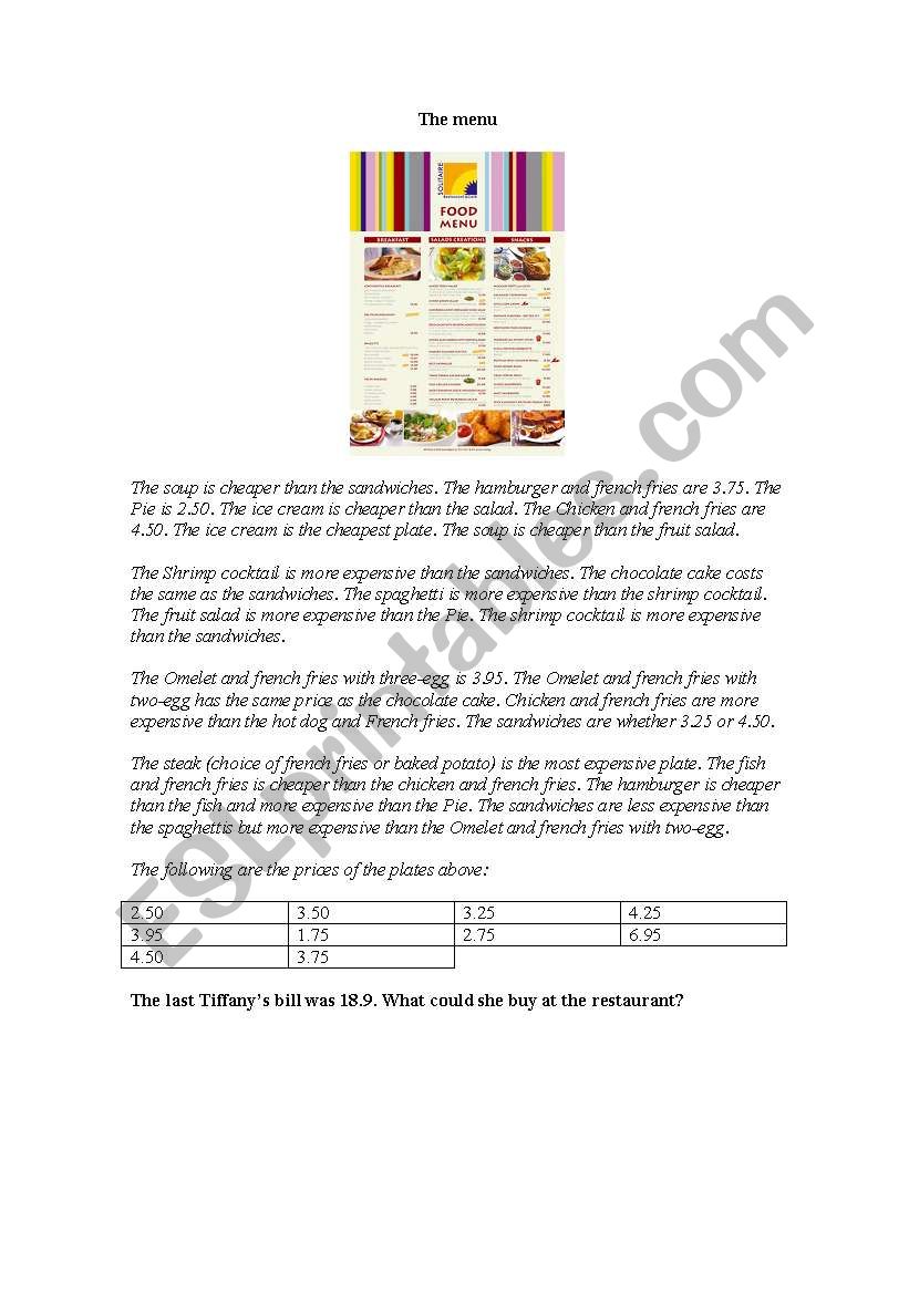 the menu worksheet