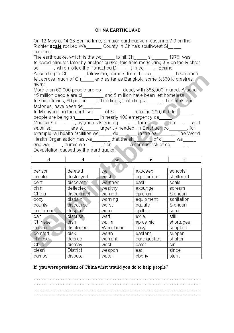 China earthquake worksheet