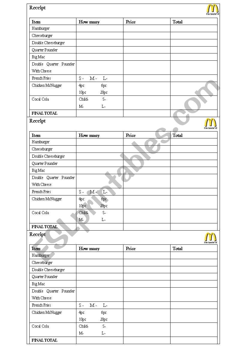 McDonalds Receipts worksheet