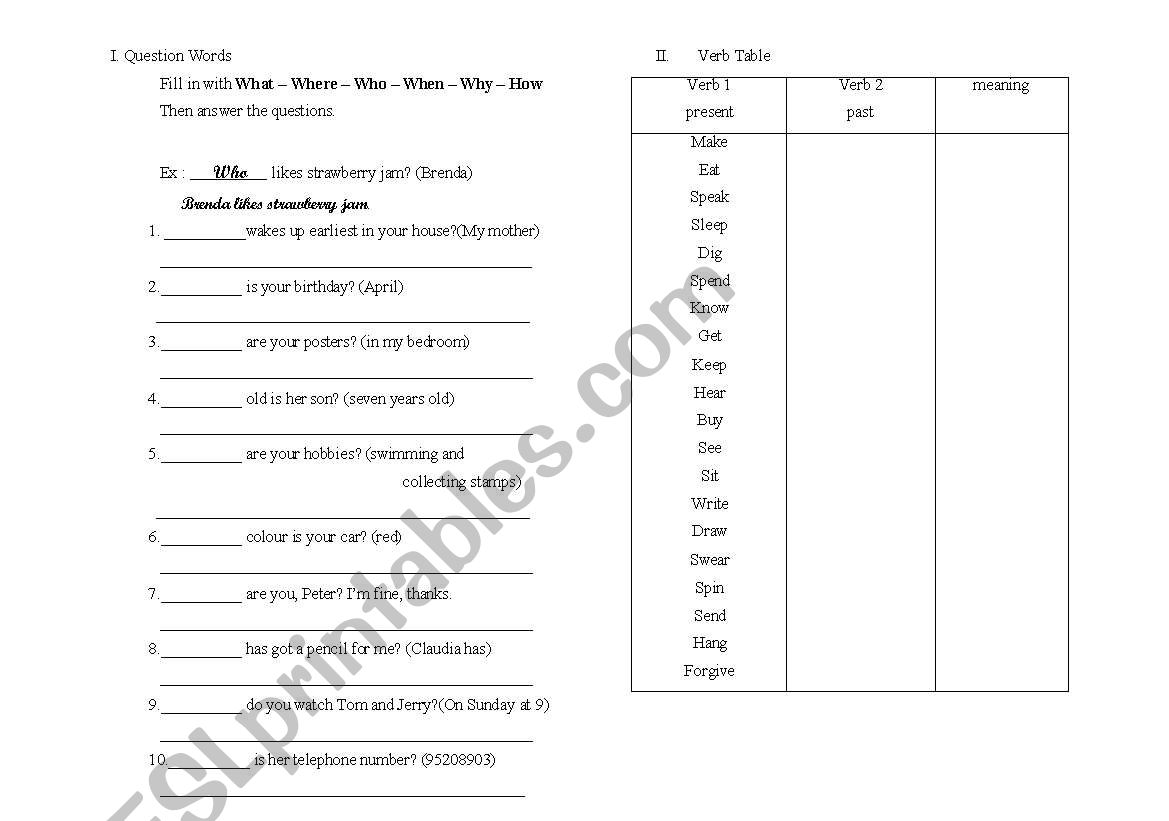 Question Words and  Verb Table