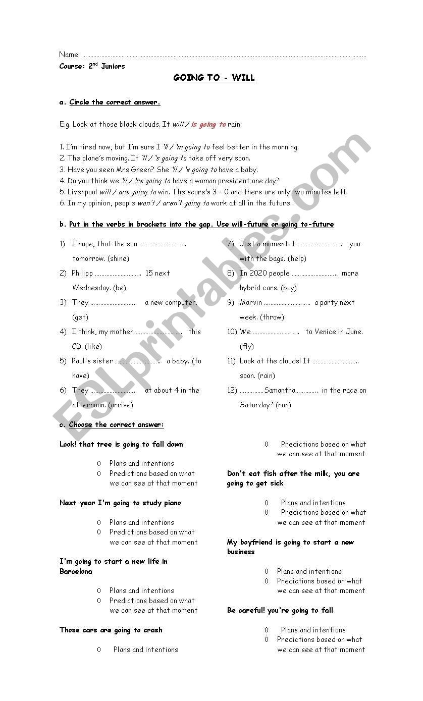 going to - will worksheet