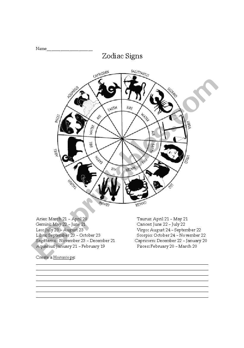 zodiac signs  worksheet