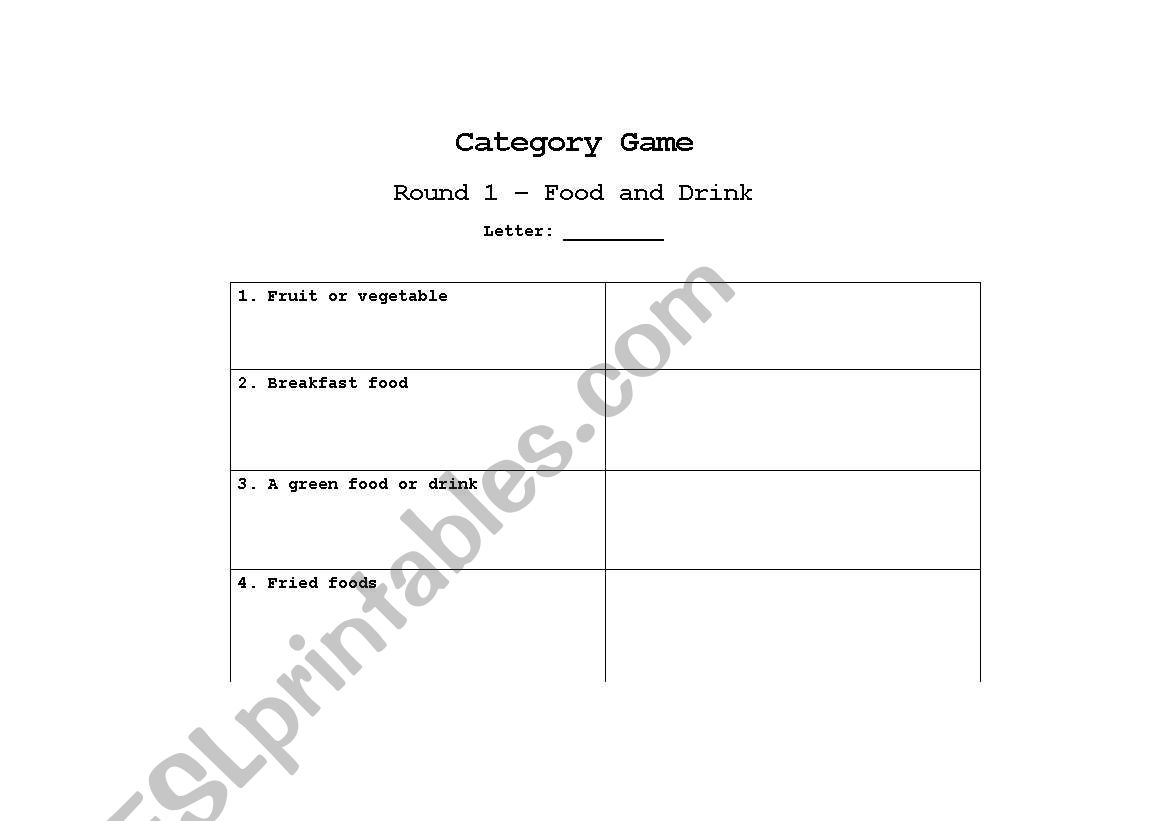 Category game worksheet