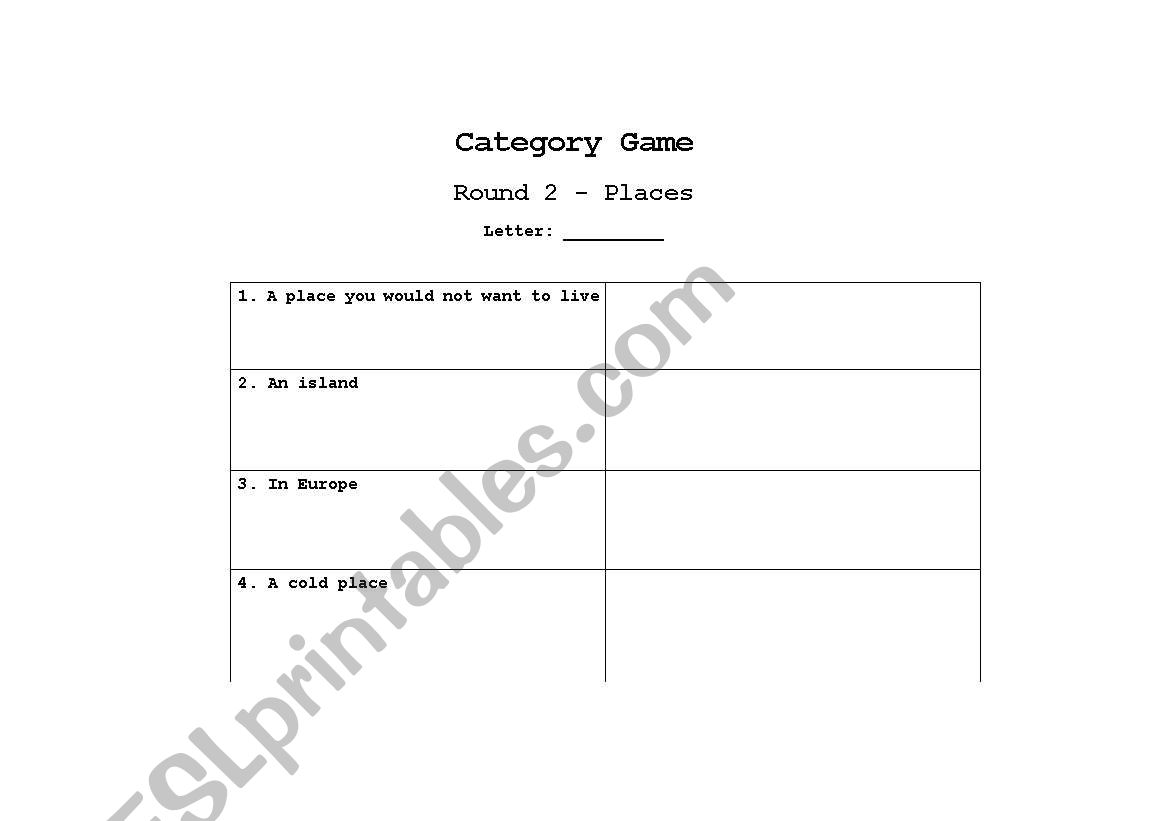 Category game - Round 2 worksheet