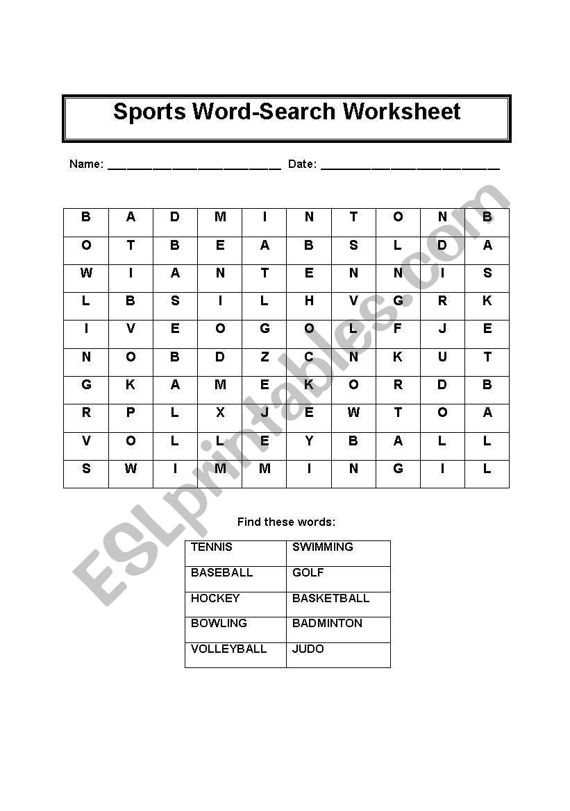 Sports Word Search Worksheet worksheet