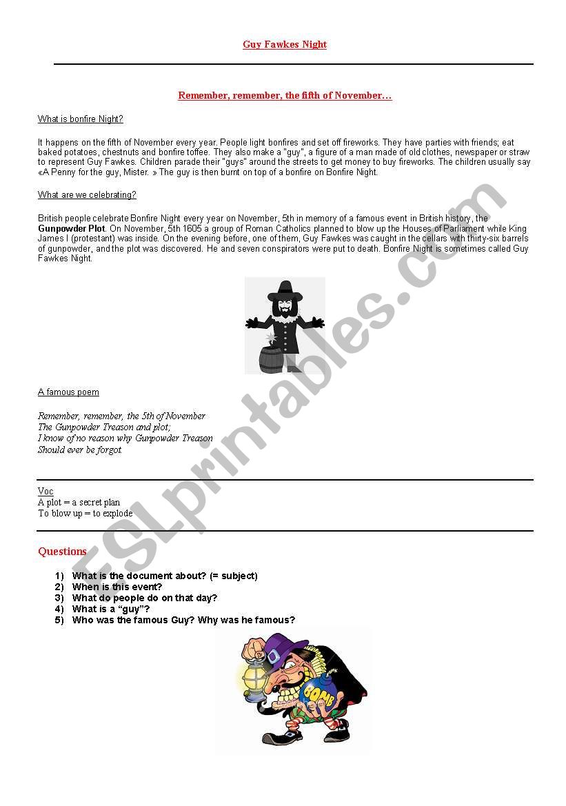 guy fawkes   bonfire night worksheet