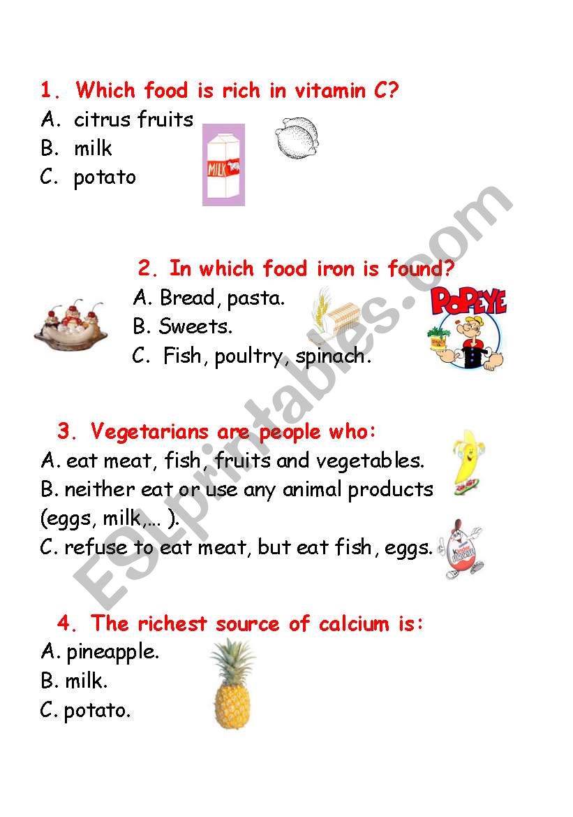 Quiz about food worksheet