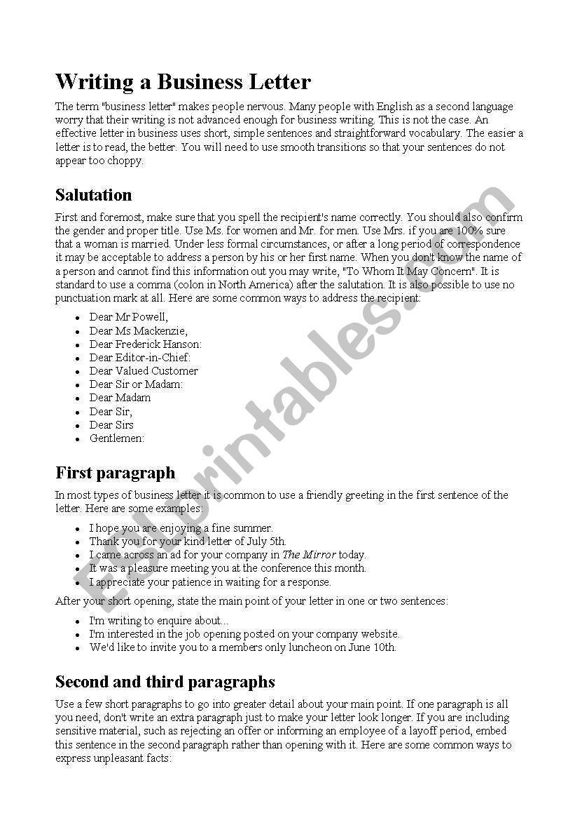 A business letter worksheet