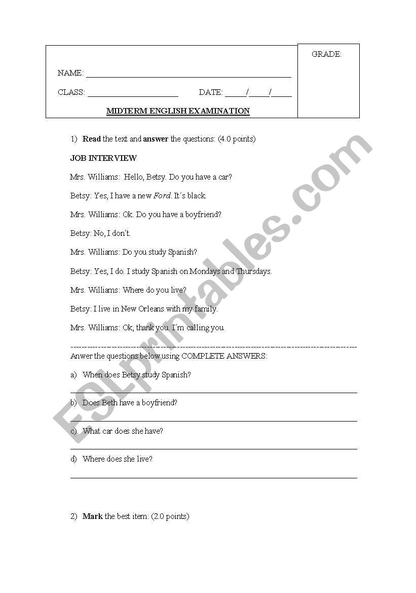 English Exam  worksheet