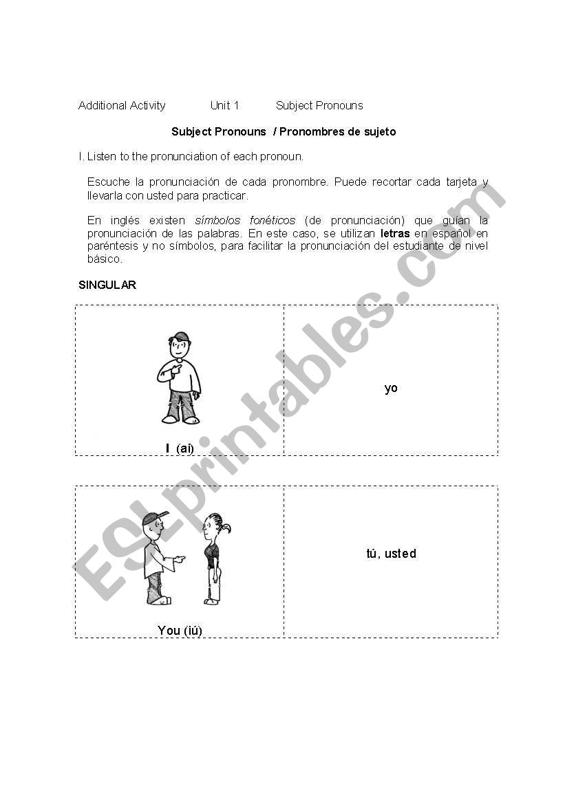 Subject Pronouns Part A worksheet