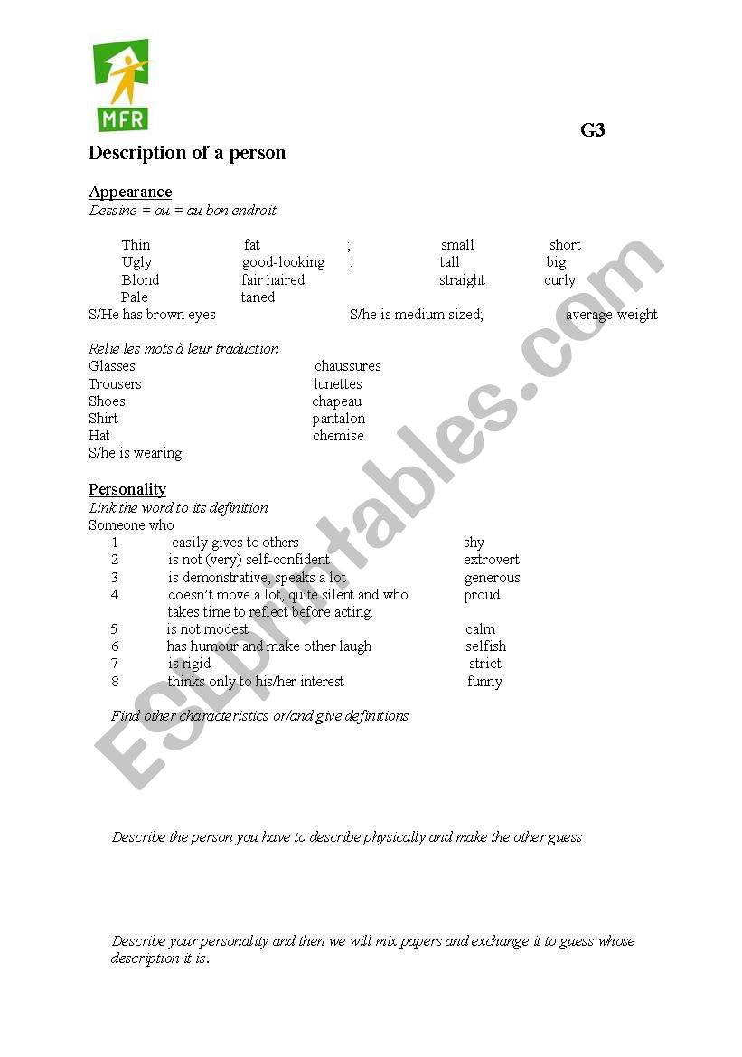description of a person worksheet