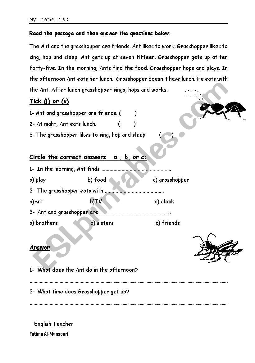 Ant the Grasshopper worksheet